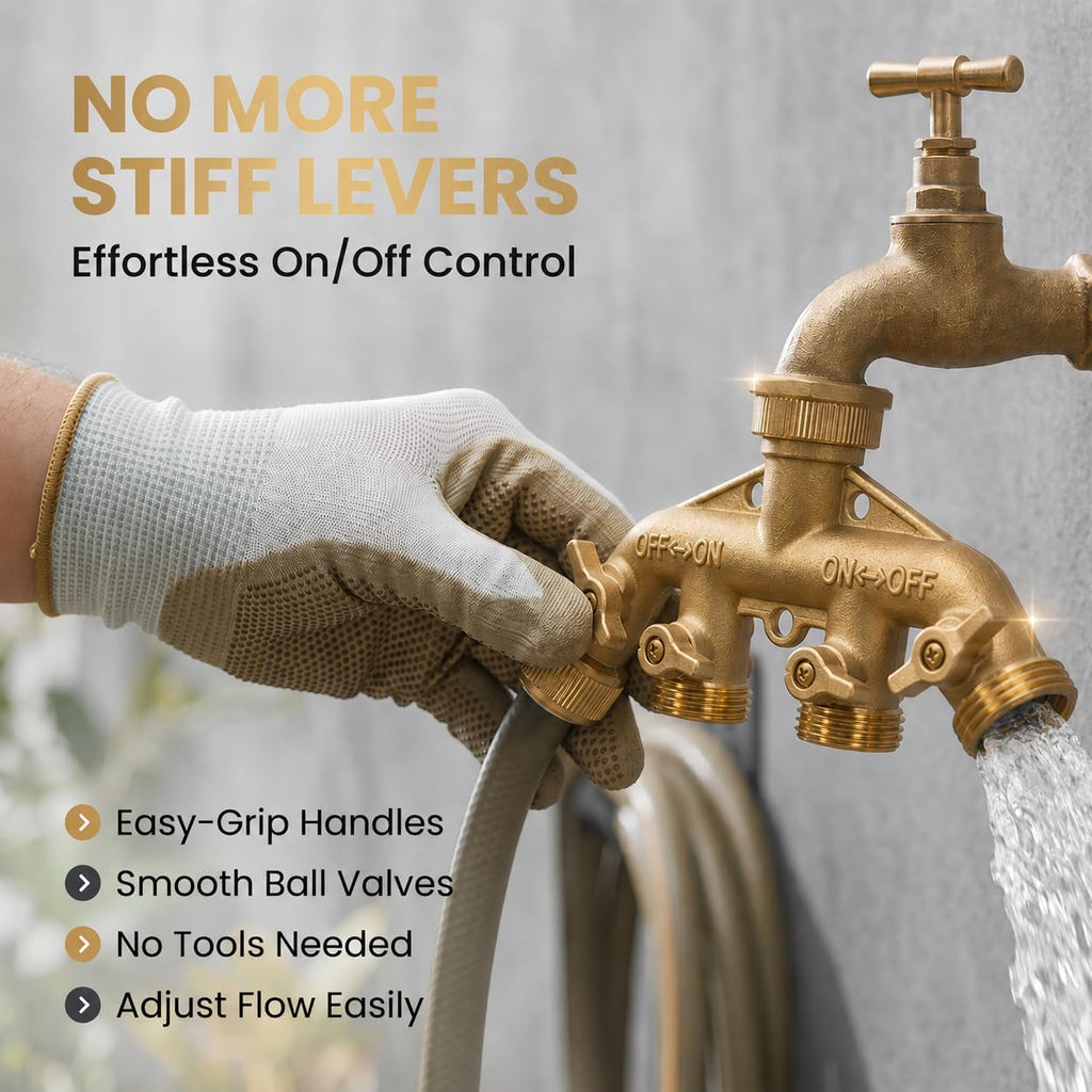 Brass 4-Way Splitter LEAD-FREE, Heavy-Duty Garden Hose Manifold Connector with Improved Comfort Grip ON/OFF Valves