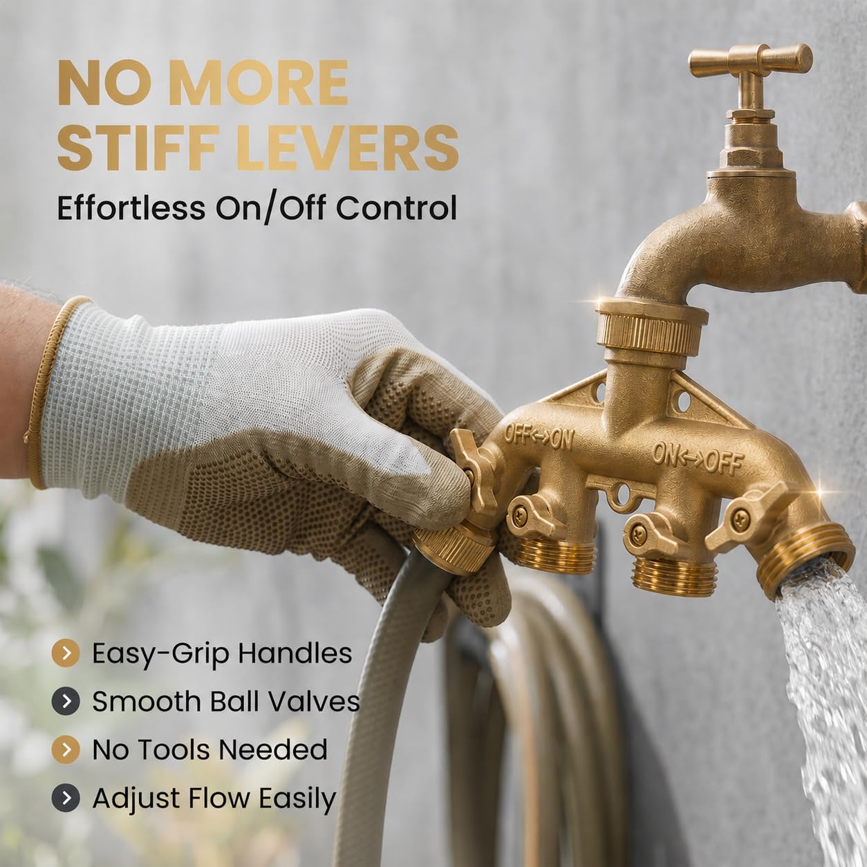 Brass 4-Way Splitter LEAD-FREE, Heavy-Duty Garden Hose Manifold Connector with Improved Comfort Grip ON/OFF Valves
