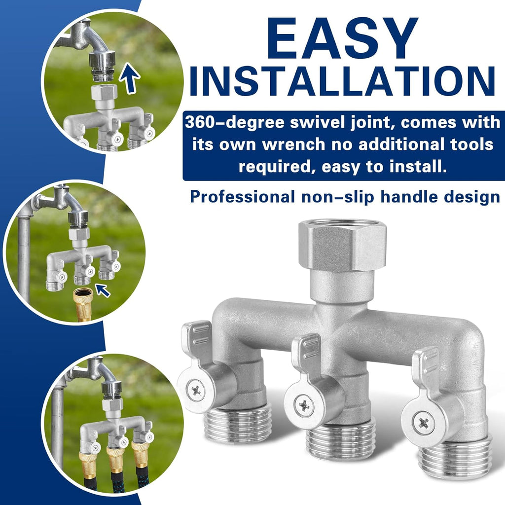 304 Stainless Steel 3 Way Garden Hose Splitter, Heavy Duty Hose Bib Splitter with 3 Shut Off Valves, High Flow Outdoor