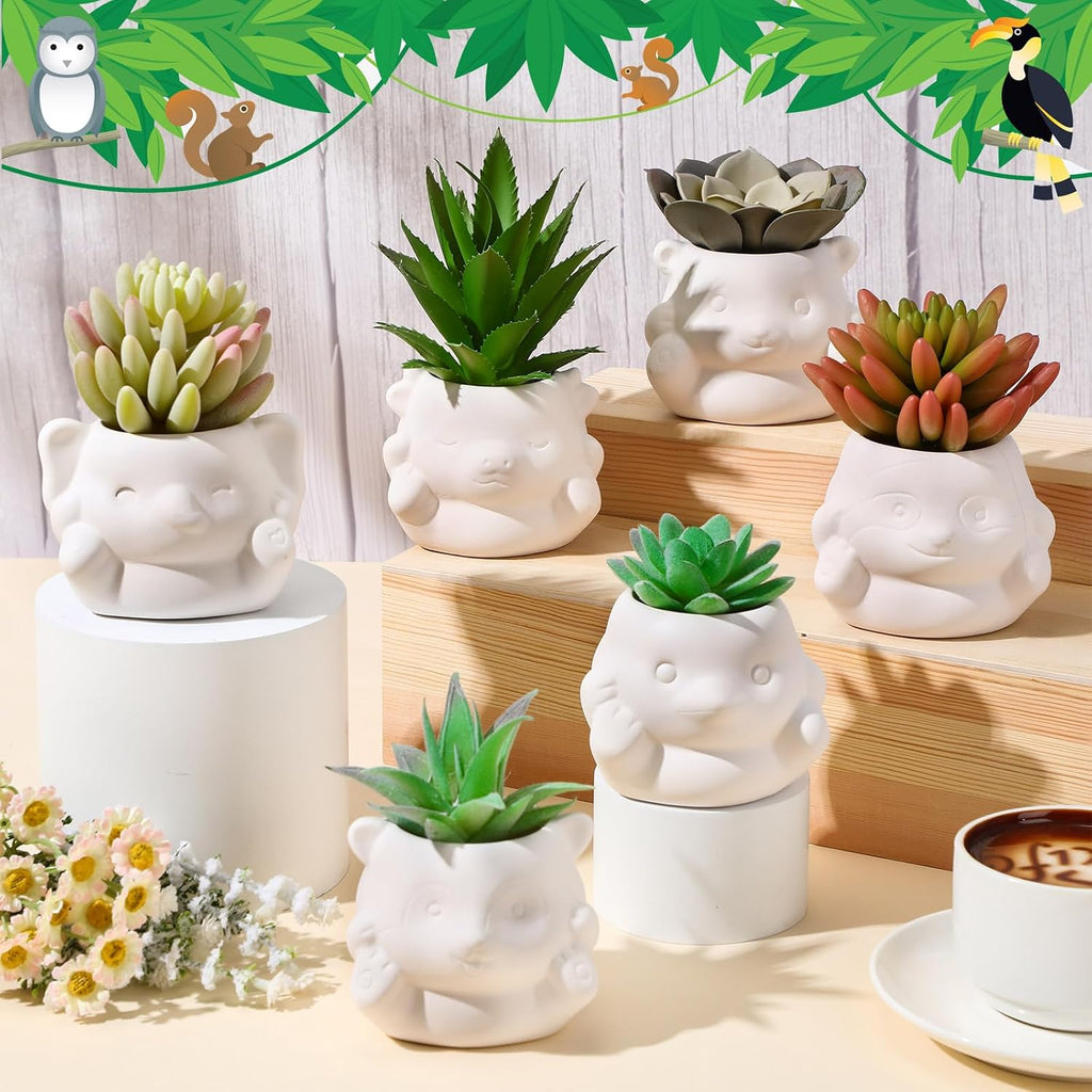 Chuangdi 6 Sets DIY Ceramic Succulent Pots Paint Animal Planters Unpainted Plant Flower Pot Paintable Ceramic Painting