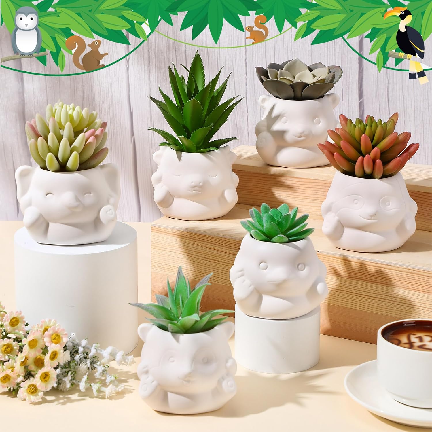Chuangdi 6 Sets DIY Ceramic Succulent Pots Paint Animal Planters Unpainted Plant Flower Pot Paintable Ceramic Painting