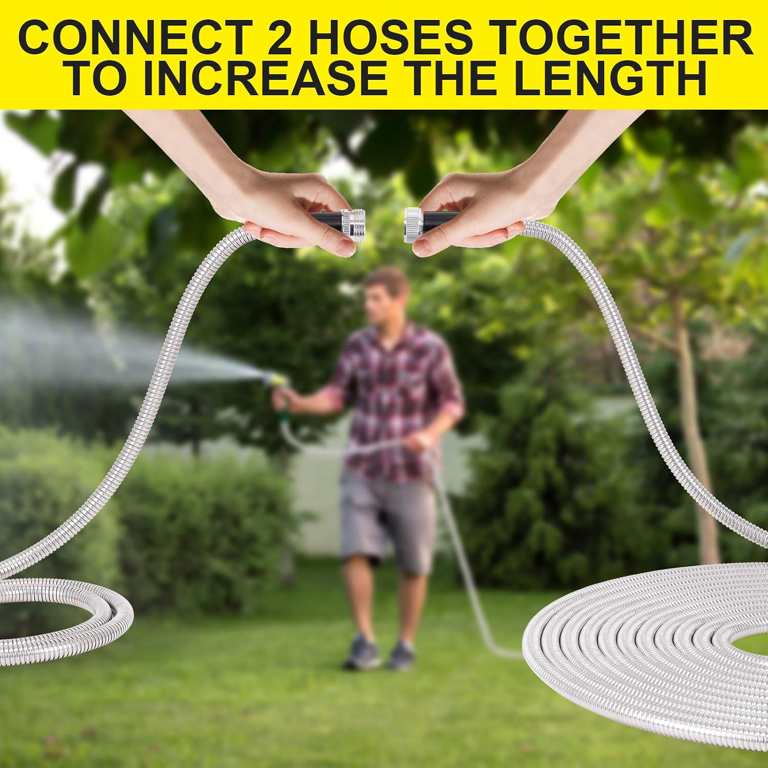 Stainless Steel Garden Hose 75 ft - Metal Water Hose with 2 Nozzles, Lightweight, Tangle Free & Kink Free, Heavy Duty