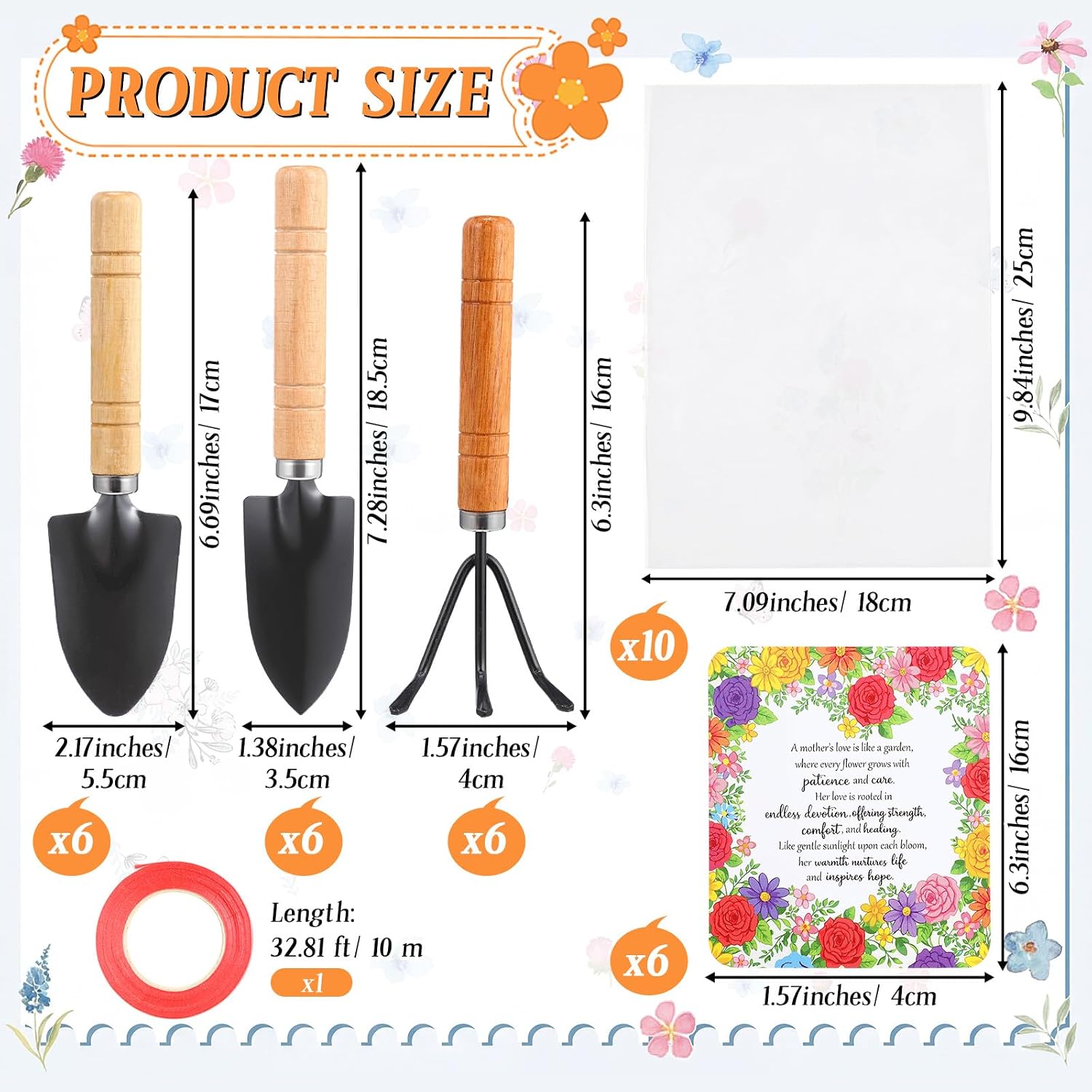 Cuffbow 6 Set Mother's Day Gardening Gifts Floral Gardening Gloves, Garden Shovel, Mini Garden Tools with Mother's Day