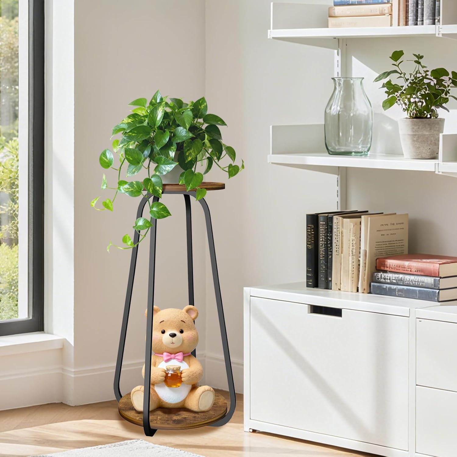 Plant Stand Indoor, 2 Tier Metal Wood Plant Shelf for Living Room | Round Plant Pedestal Stands Saves Space Flower
