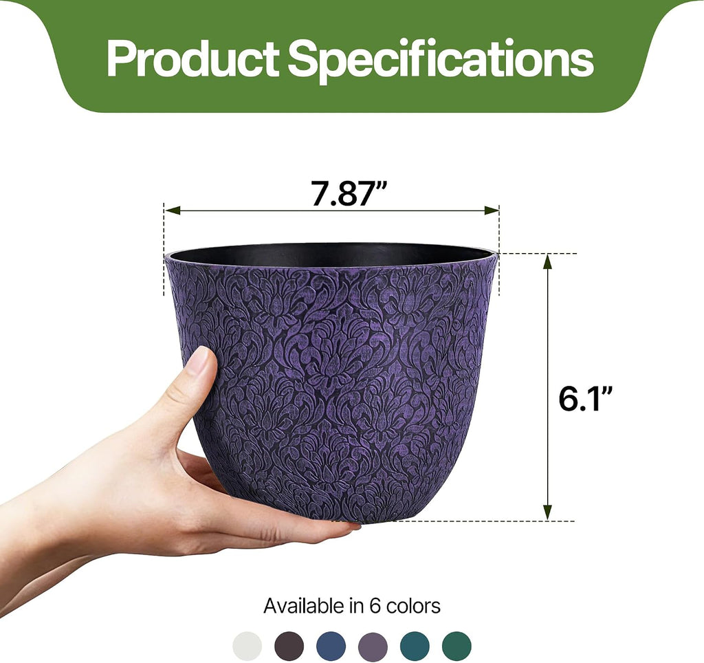 Worth Garden Plastic Round 8" Plant Pots for Indoor Plants - Set of 6 Multicolor Small Flower Pots W/Drainage Hole and