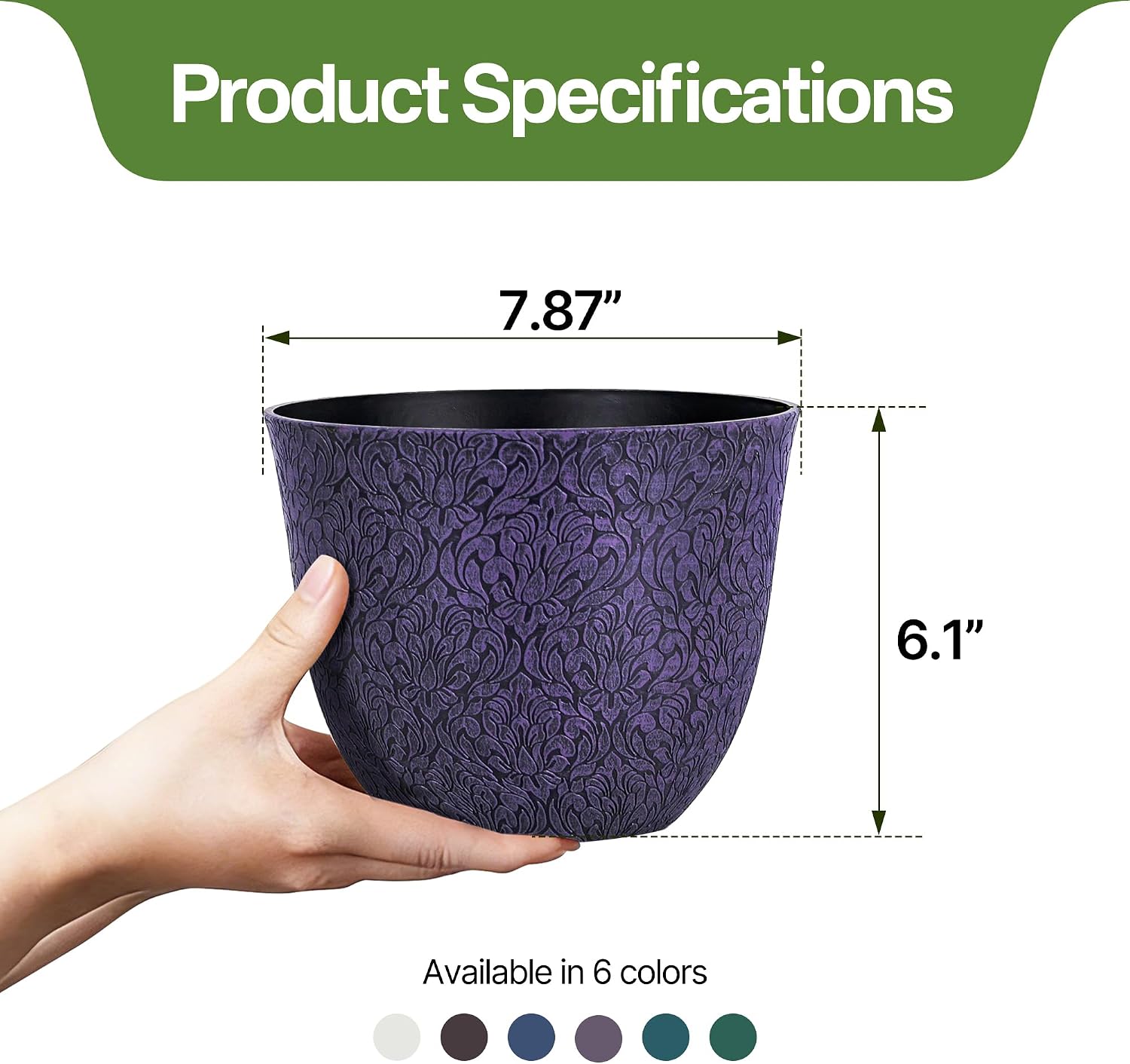 Worth Garden Plastic Round 8" Plant Pots for Indoor Plants - Set of 6 Multicolor Small Flower Pots W/Drainage Hole and