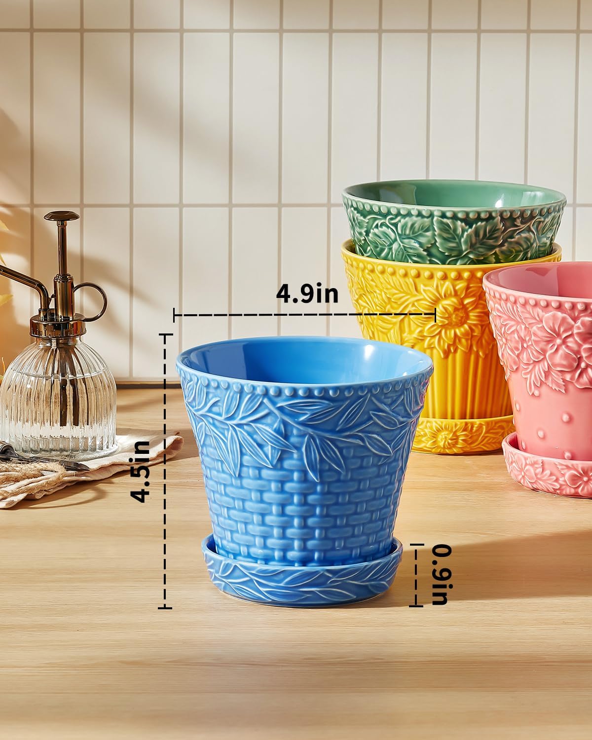 Metahom Ceramic Plant Pots, 4.9 Inch Flower Pots with Drainage Hole & Saucer, Colorful Planter Pots for Indoor Plants