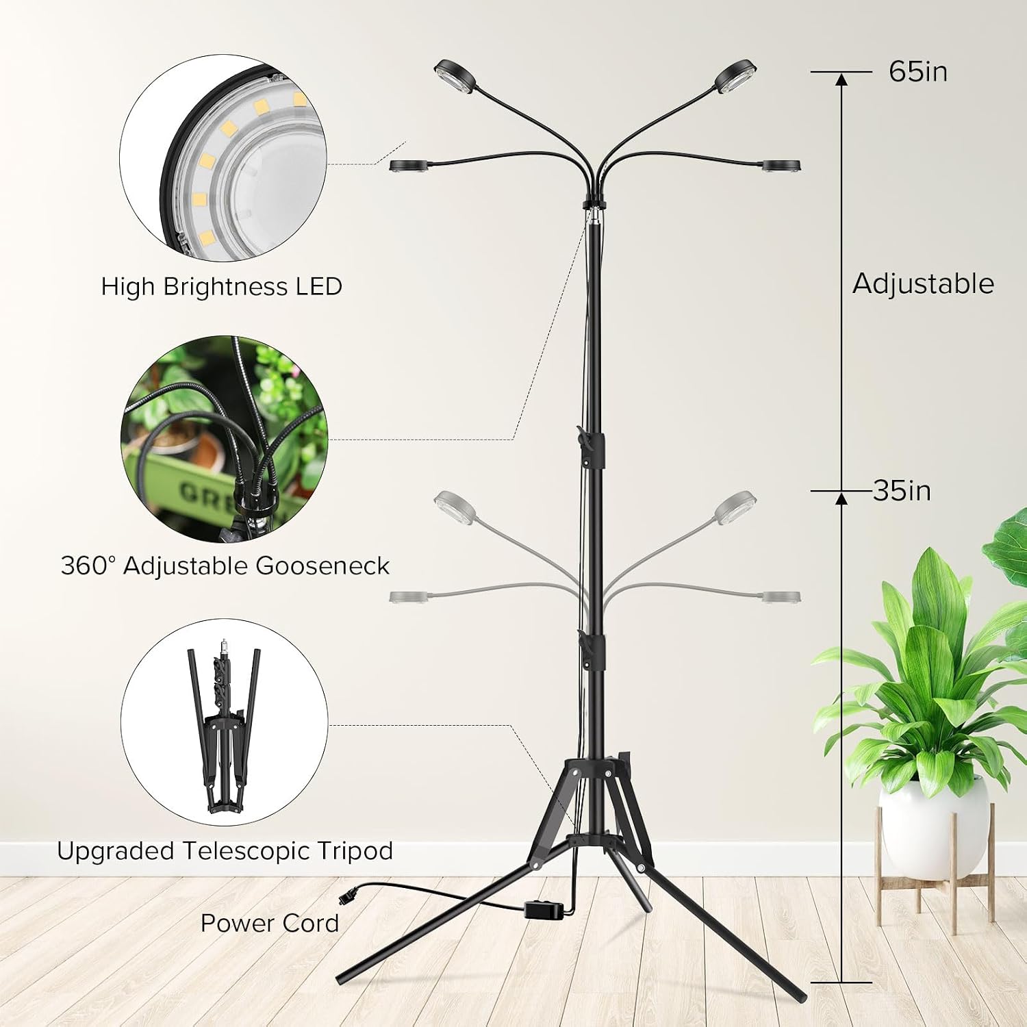 SANSI Grow Light for Indoor Plants, 40W 4-Head Tripod Stand Plant Light | Wide Coverage, Large Plants, 35"-65"