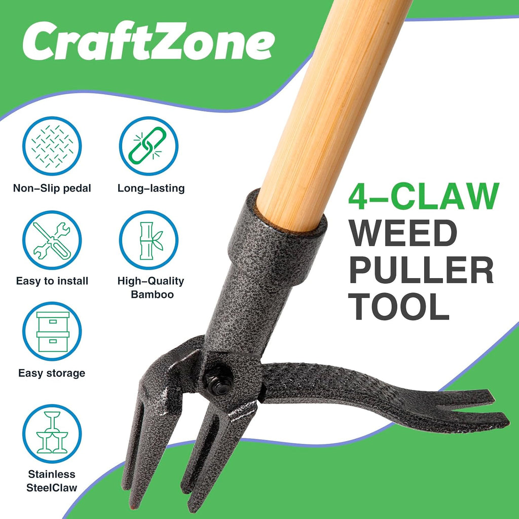 Weed Puller Stand Up Weed Puller Tool with Wooden Long Handle Foot Platform Design 4-Claw Steel Head & Removable