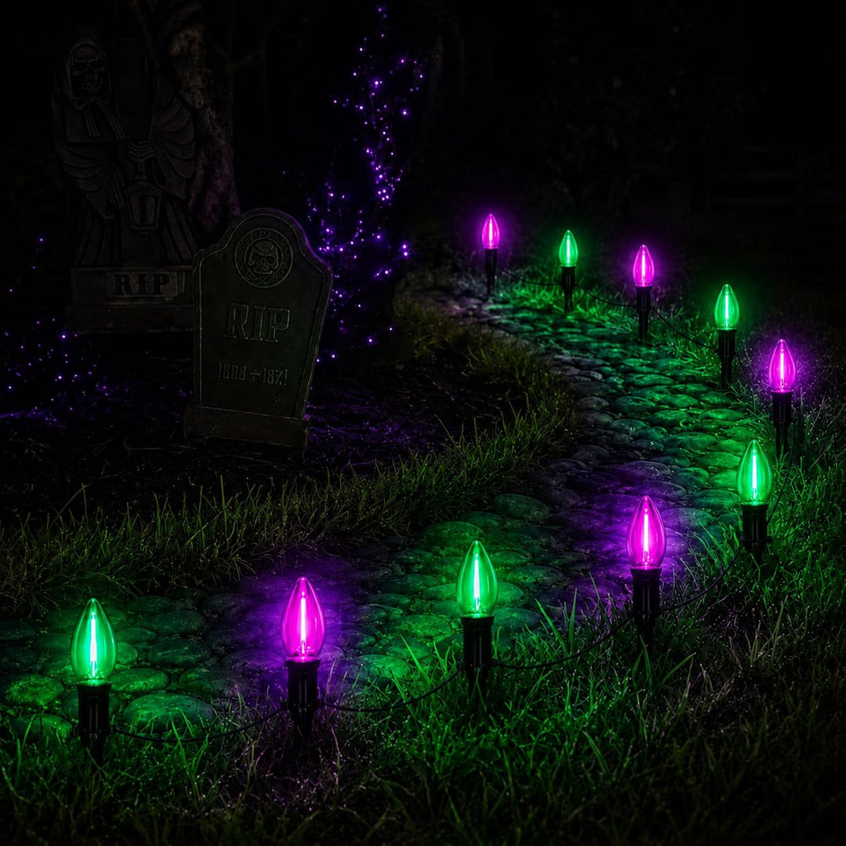 Halloween Pathway Lights with 10 Green and Purple C9 LED Stakes