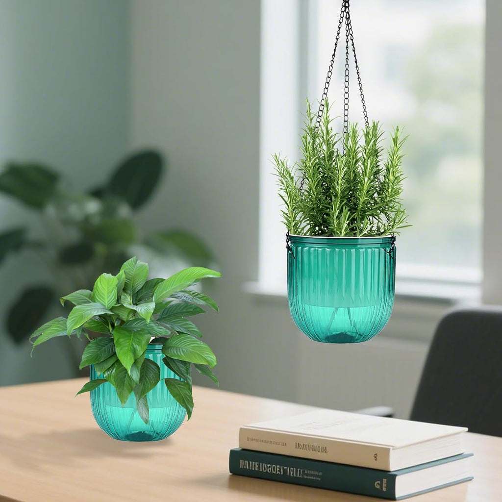 4 Pack Self Watering Hanging Planters with Drainage Holes Green