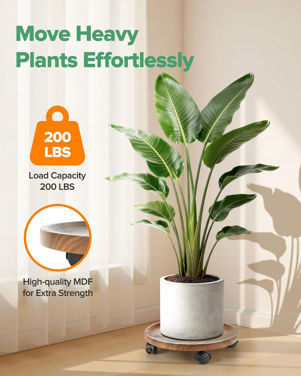 2 Pack Plant Caddy with Wheels, 14" Wood Rolling Plant Stand with 360° Lockable Wheels, Plant Stands Outdoor for Large