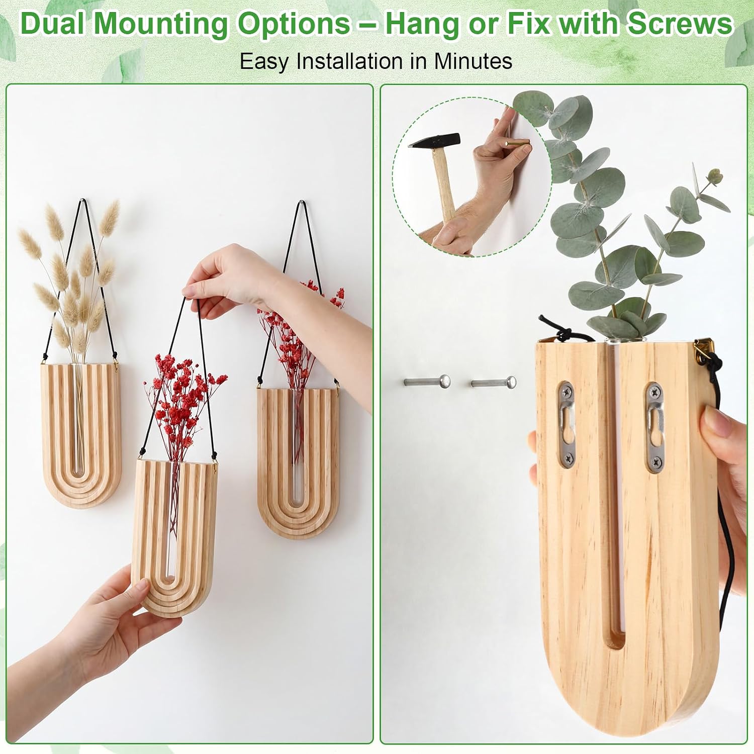 Set of 4 Wooden Wall Planter Vase Hanging Propagation Stations Glass Plant and Flower Vases Wall Plant Holder for