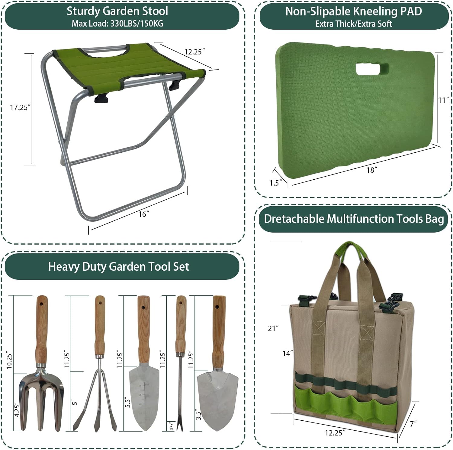 Garden Folding Gardener Stool with Gardening Tools Insulation Garden Bags Plus 5 Garden Tools and Gardening Kneeler