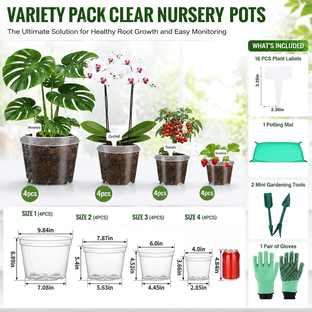 16 Pack 10/8/6/4 Inch Sizes Large Clear Nursery Pots with Drainage | Plastic Plant Pots with Garden Tools & Labels