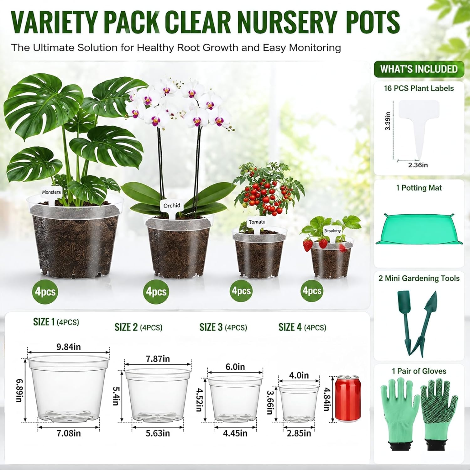 16 Pack 10/8/6/4 Inch Sizes Large Clear Nursery Pots with Drainage | Plastic Plant Pots with Garden Tools & Labels