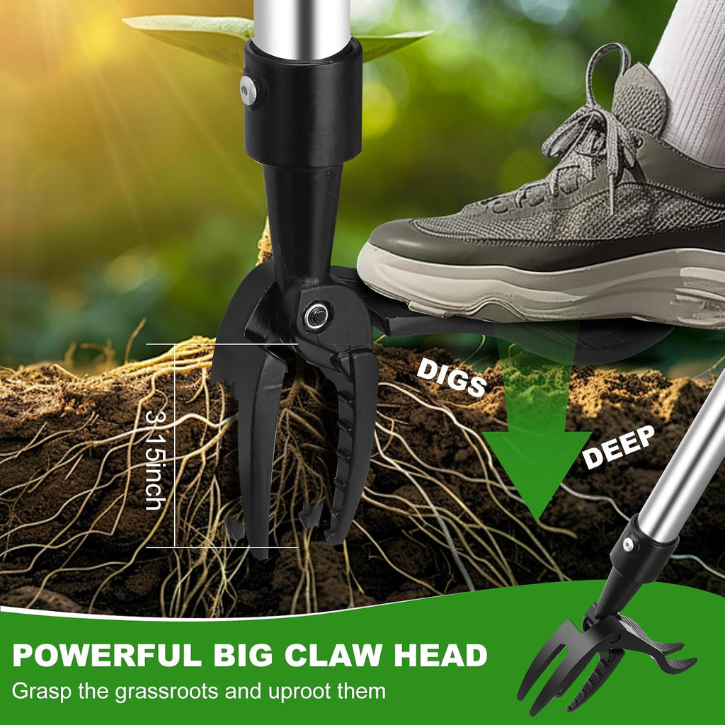 Weed Puller Tool, Lightweight, 4-Claw Stand Up Weeder Tool with Adjustable Handle for Remove Weeds Without Bending or