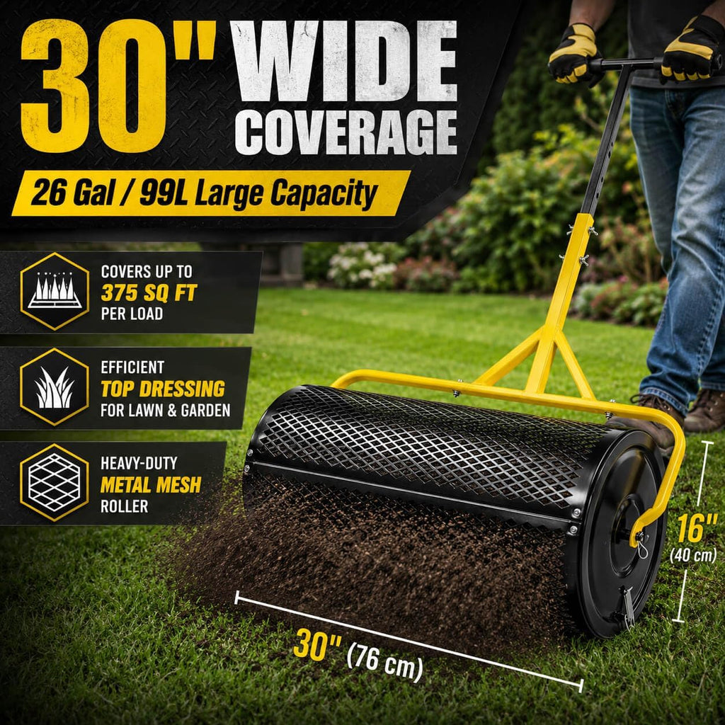 30 Inch Compost Spreader, Peat Moss & Lawn Top Dressing Spreader | 26 Gal (99L) Heavy Duty Metal Mesh Roller, Welded
