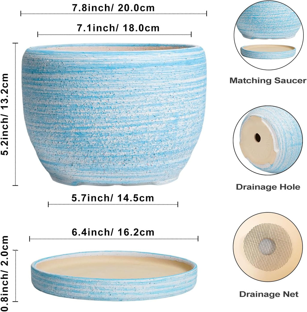 SQOWL Ceramic Planter - 8 inch Pot for Plants Indoor Outdoor, Modern Ceramic Flower Pot with Drainage Hole and Saucer
