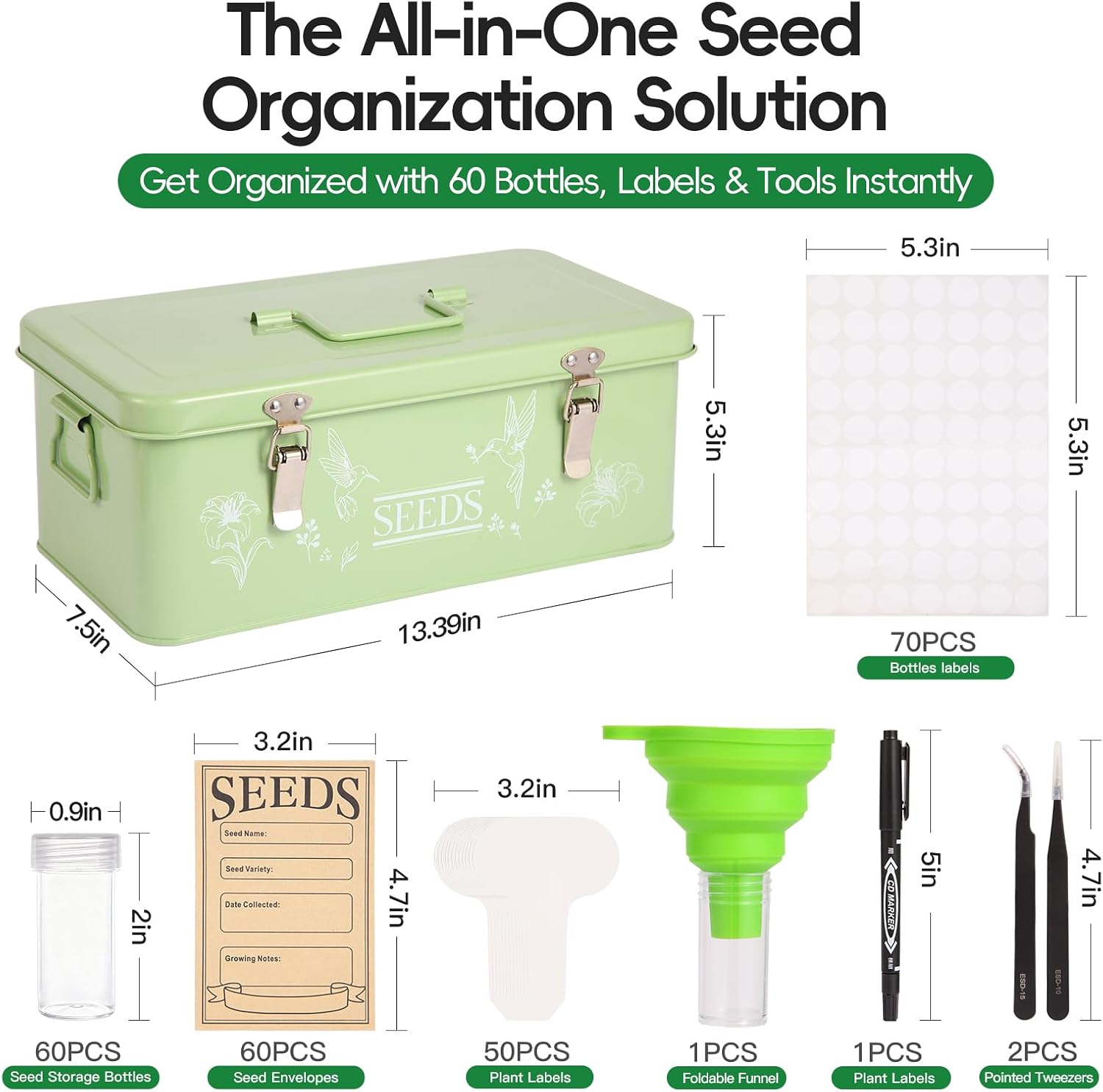 60 Slots Seed Organizer Storage Box with 3 Compartments,Large Metal Garden Seed Organizer with Lid&Safety Locks,Seed