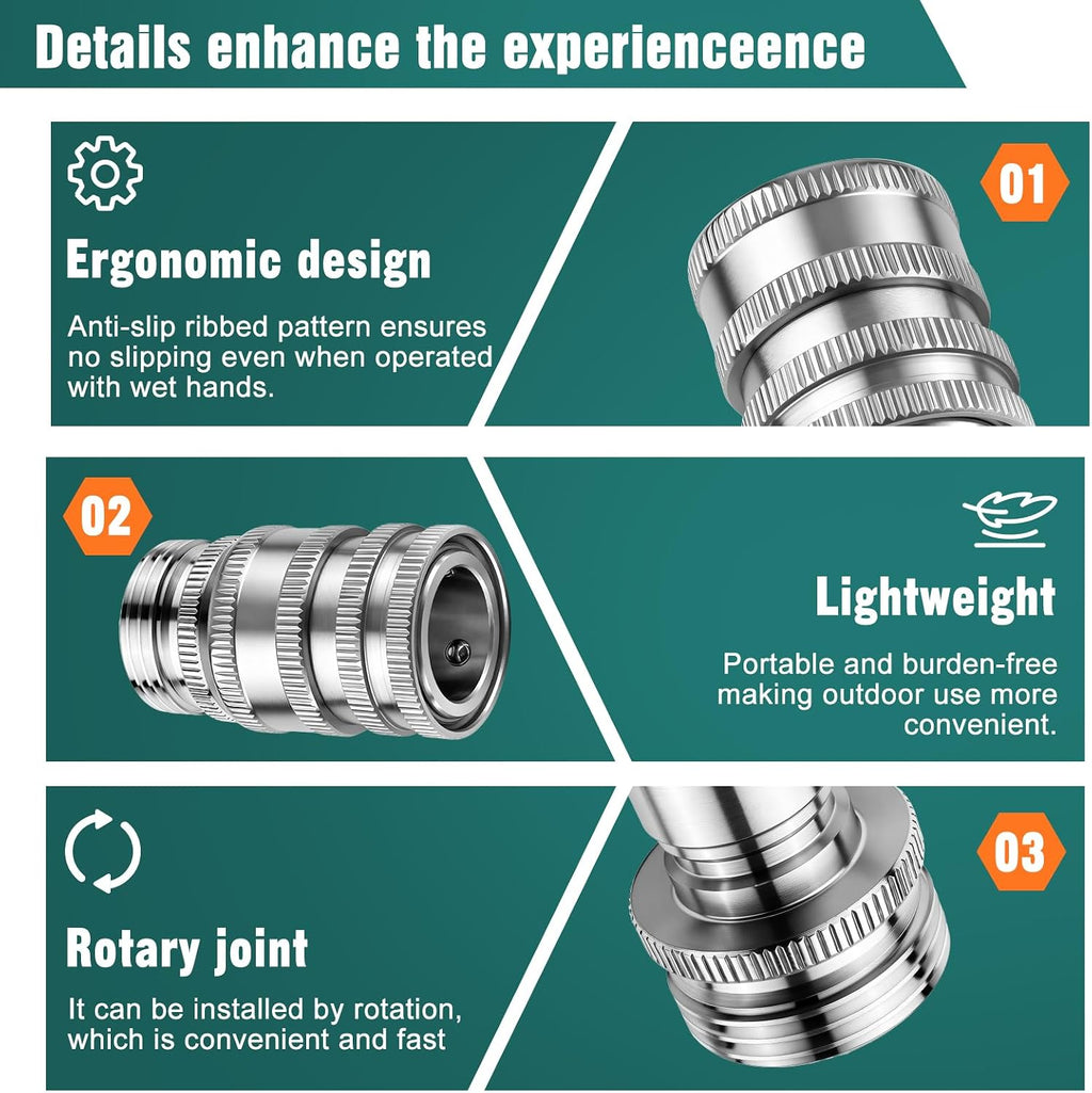 Upgraded Stainless Steel Quick Connect Hose Fittings Set - 3/4" GHT Universal Quick Release Garden Hose Connectors