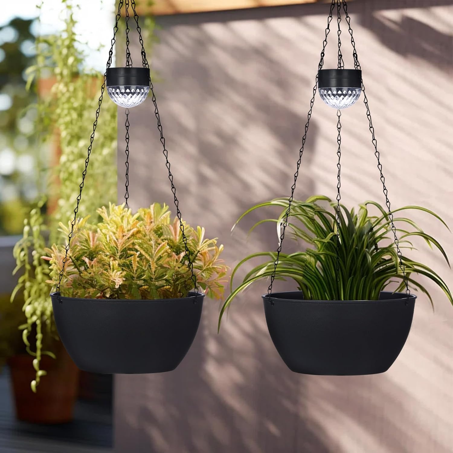 BAYN 2 Packs Solar Hanging Basket Planters for Plants Outdoor | Self Watering, Black Flower Pots with Solar Light