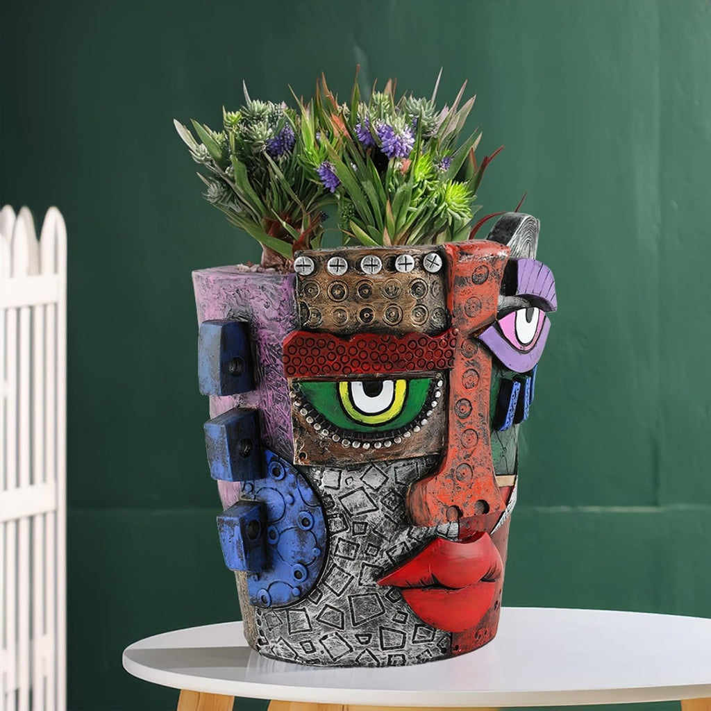 Picasso-Inspired Abstract Face Flower Pot | Unique Head Planter with Drainage Hole | Vibrant Colors & Quirky Art Decor