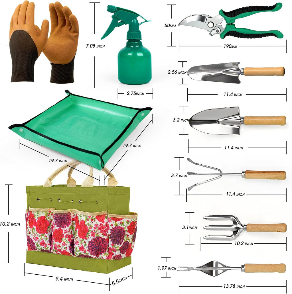 Garden Tool Set, 10 PCS Gardening Tools/Kit for Women,Gardener Gift | 10 PCS Gardening Essentials, Stainless Steel Hand