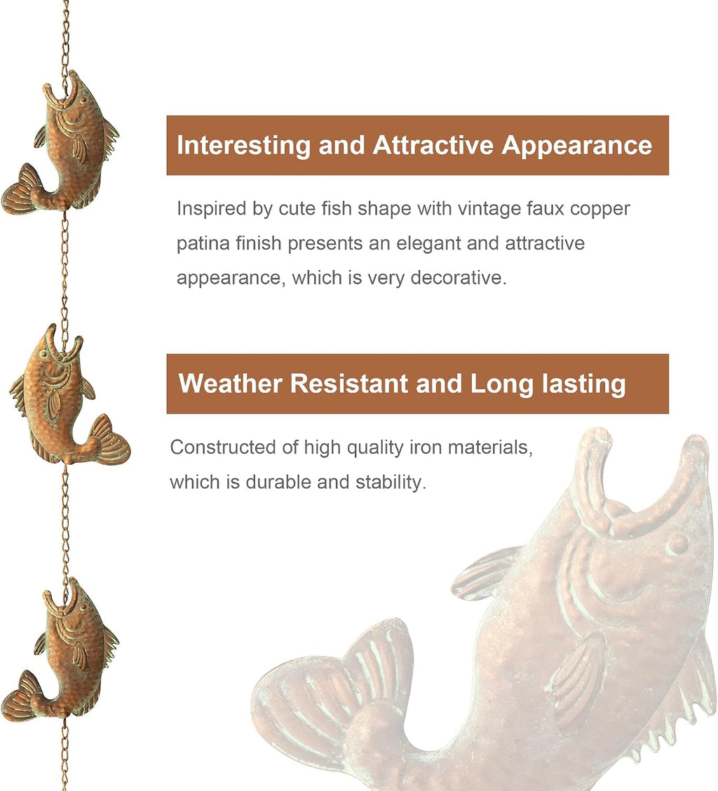 Glitzhome 8.5 FT Fish Shaped Rain Chains, Faux Copper Patina Finish Rain Chains for Gutters with 9 Fish, Adjustable