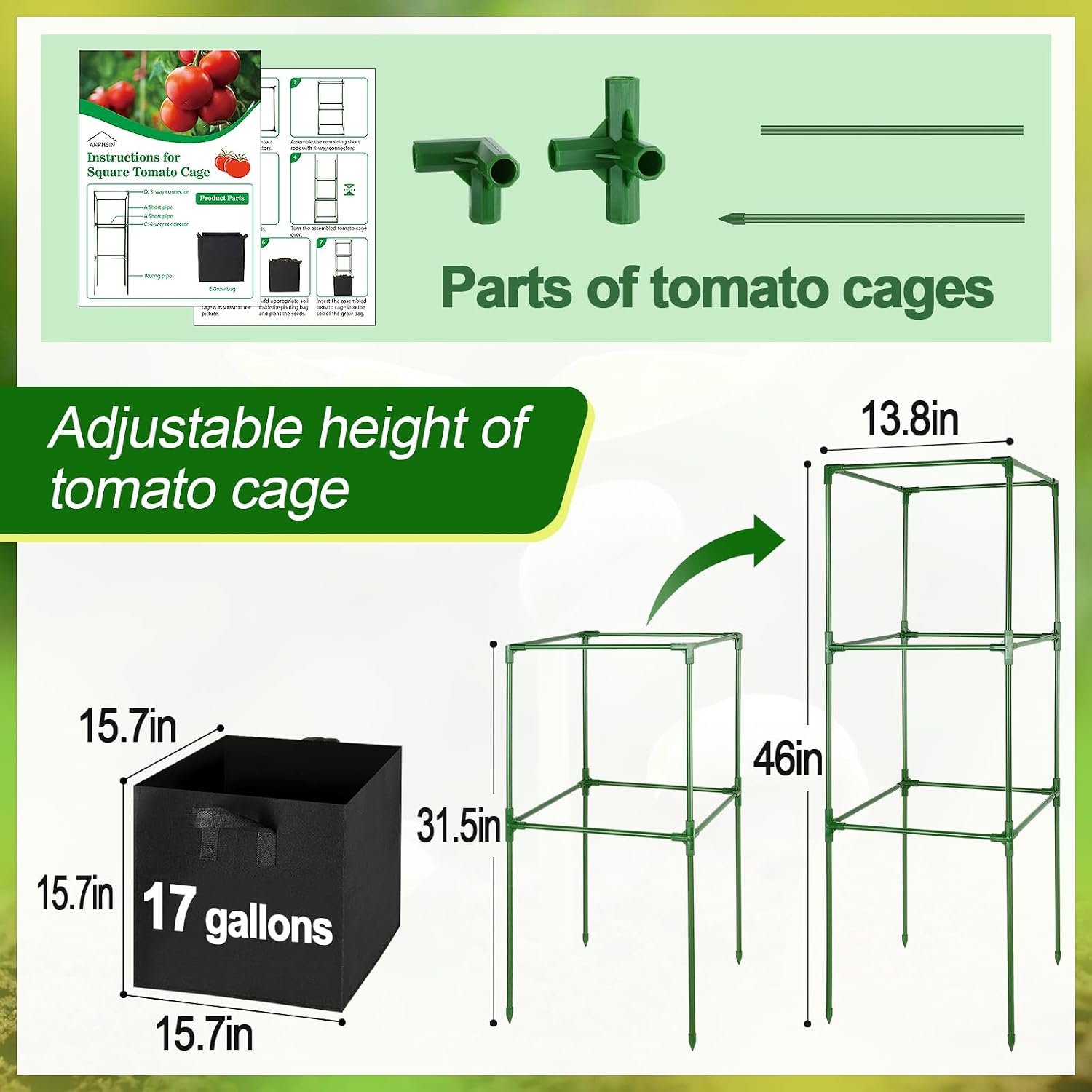 ANPHSIN Sturdy Square Tomato Cage with Movable 17 Gal Grow Bags, 3 Sets | 46'' Plants Garden Trellis Planter, Support
