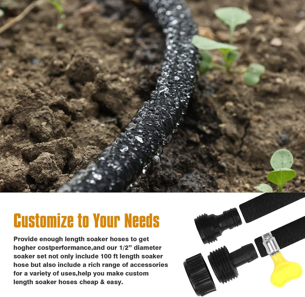 Soaker Hose 150ft for Garden Beds Solid Brass Interface Irrigation Save 70% Water Heavy Duty Rubber 1/2" Diameter Great