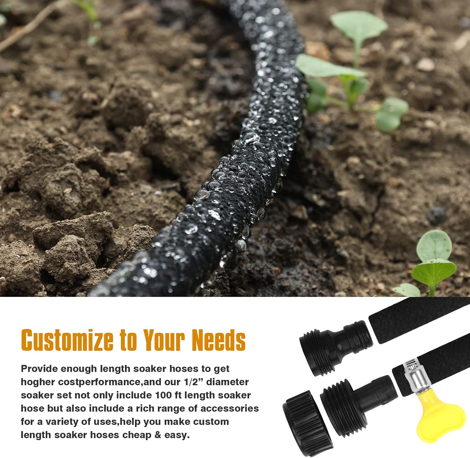Soaker Hose 150ft for Garden Beds Solid Brass Interface Irrigation Save 70% Water Heavy Duty Rubber 1/2" Diameter Great