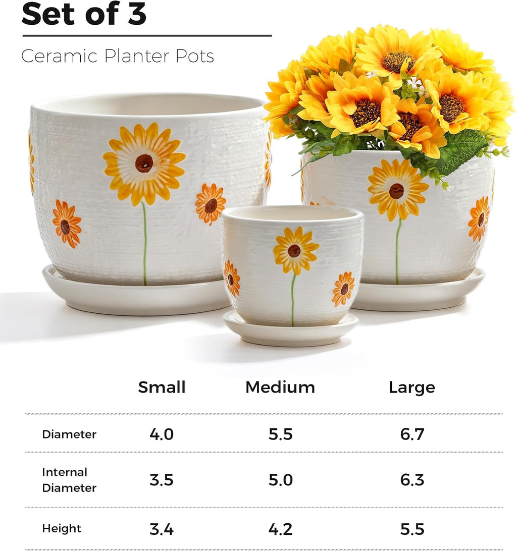 Ceramic Plant Pots,Sunflower Planters with Drainage Holes & Matching Saucer | Ceramic Flower Pot for Indoor Plants