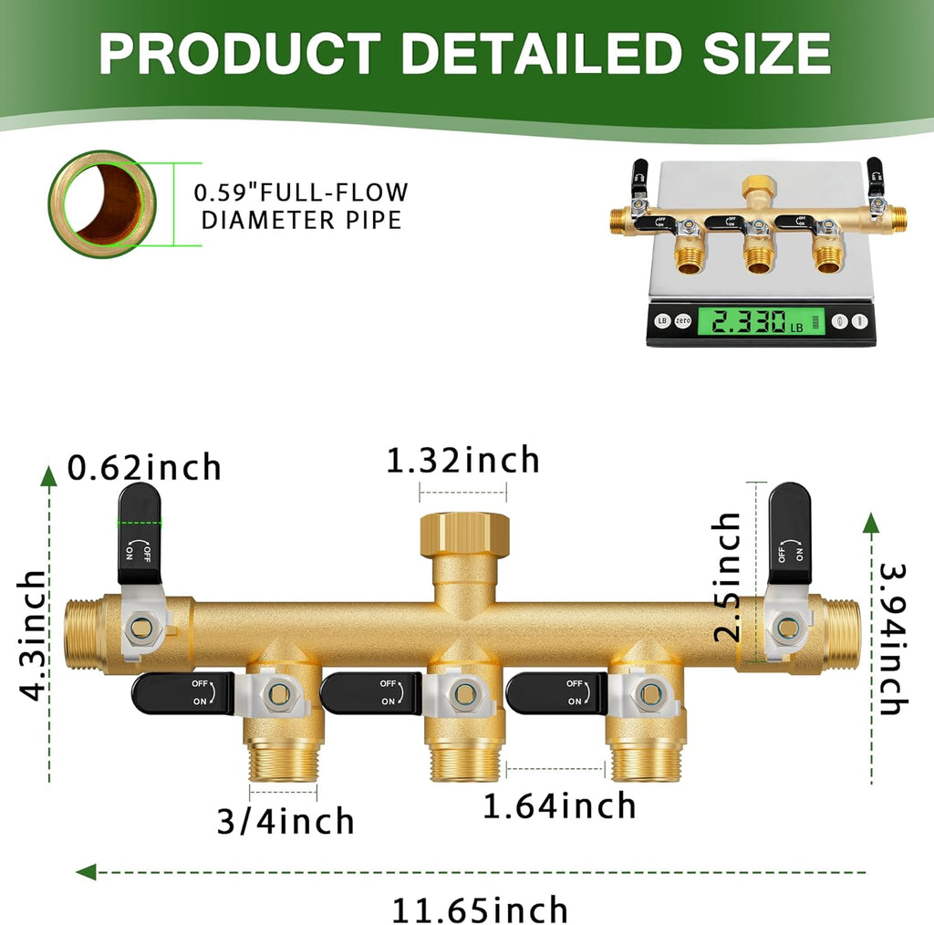 Garden Hose Splitter, 5 Way Heavy Duty Brass hose splitter, Water Hose Bib Spigot Splitter with 0.59" Full Flow Ball