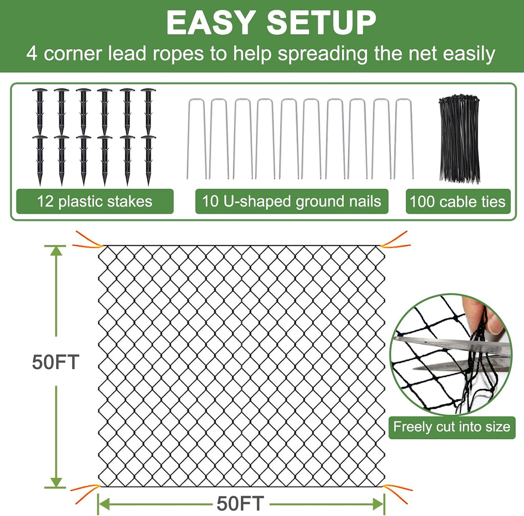 DQS Bird Netting 50' x 50', 2.4" Square Mesh Garden Netting, Poultry Net | Chicken Netting Hawk Deer Fence Net for