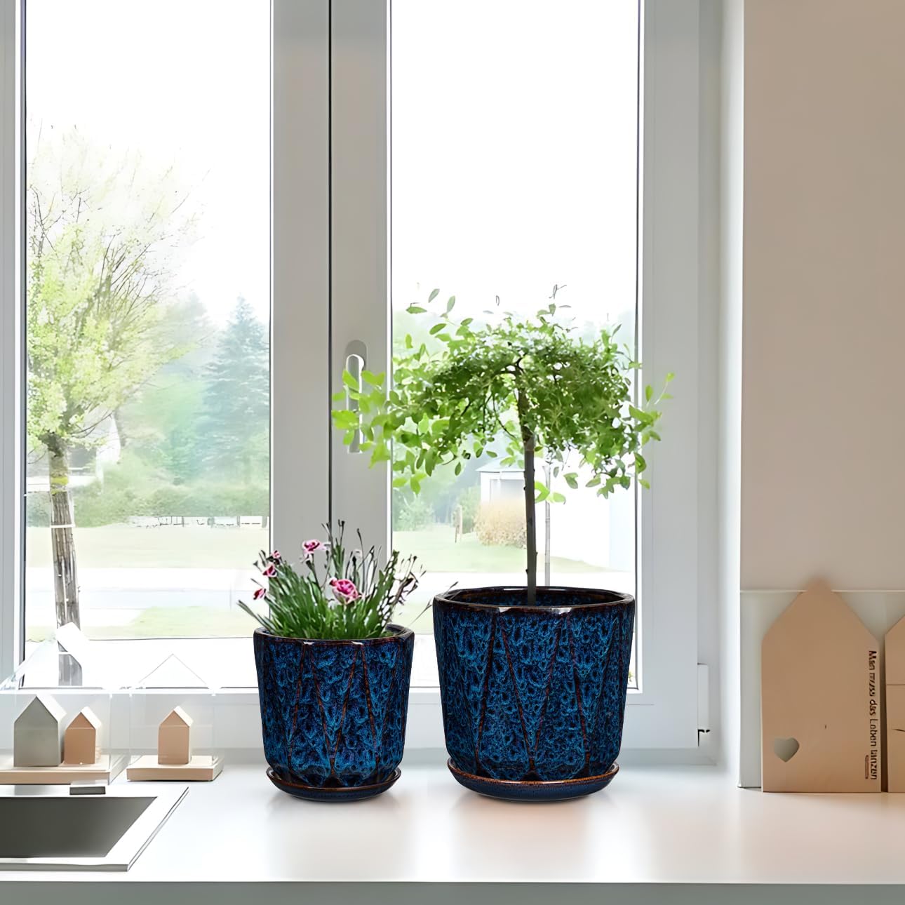 Oairse Ceramic Pots for Plants, 8+6 inch Plant Pots with Drainages Holes & Saucers Large Blue Ceramic Planters