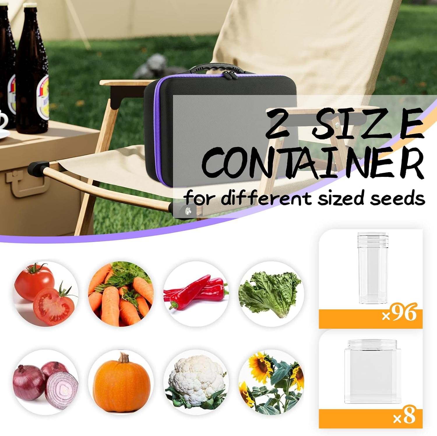 Seed Storage Organizer Box with 104 Bottles & Envelopes | Garden Seed Containers 1 oz 5 oz with Labels, Hard Shell Seed