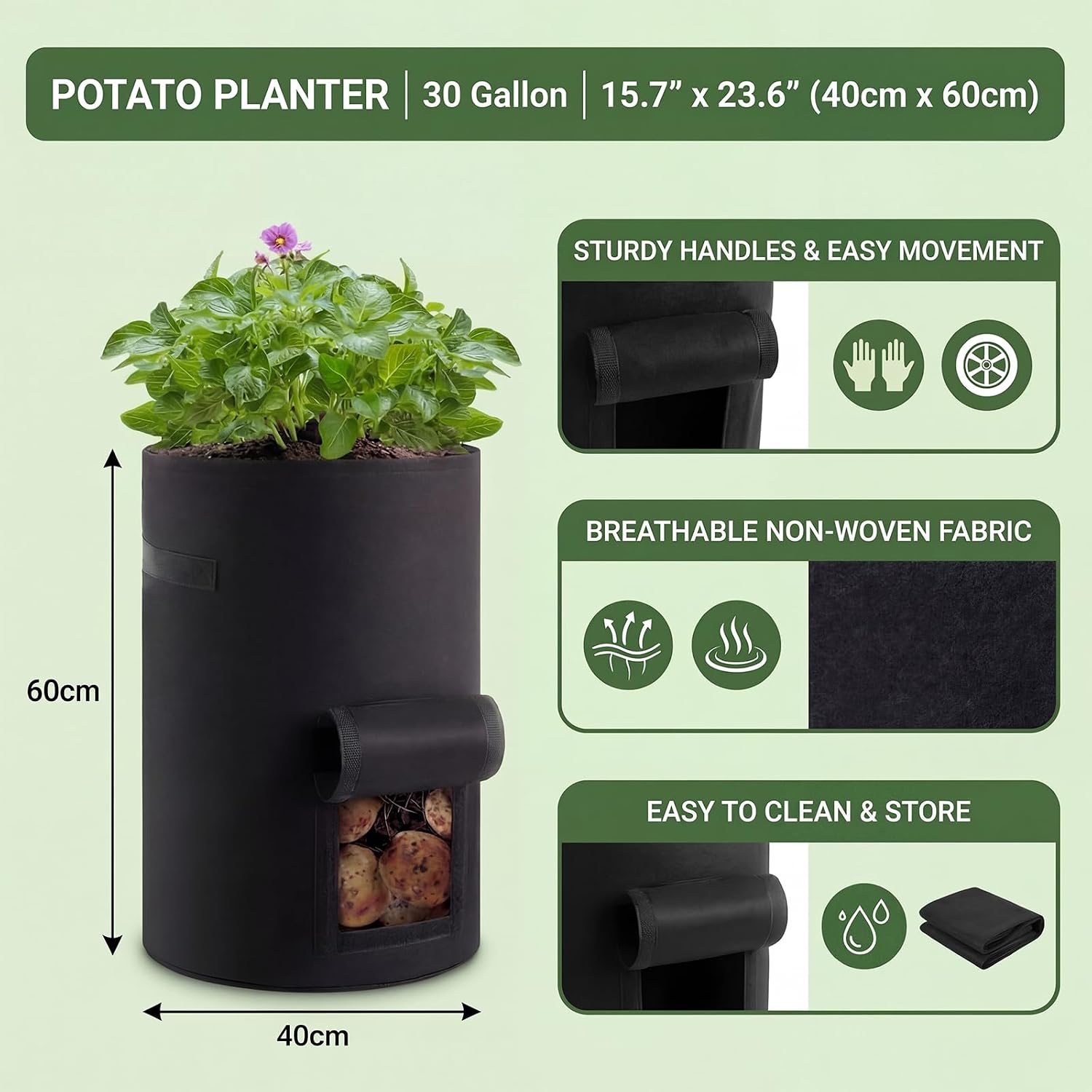 2 Pack 30 Gallon Potato Grow Bags with Harvest Window, Durable Garden Planter Bags with Handles for Potatoes, Tomatoes