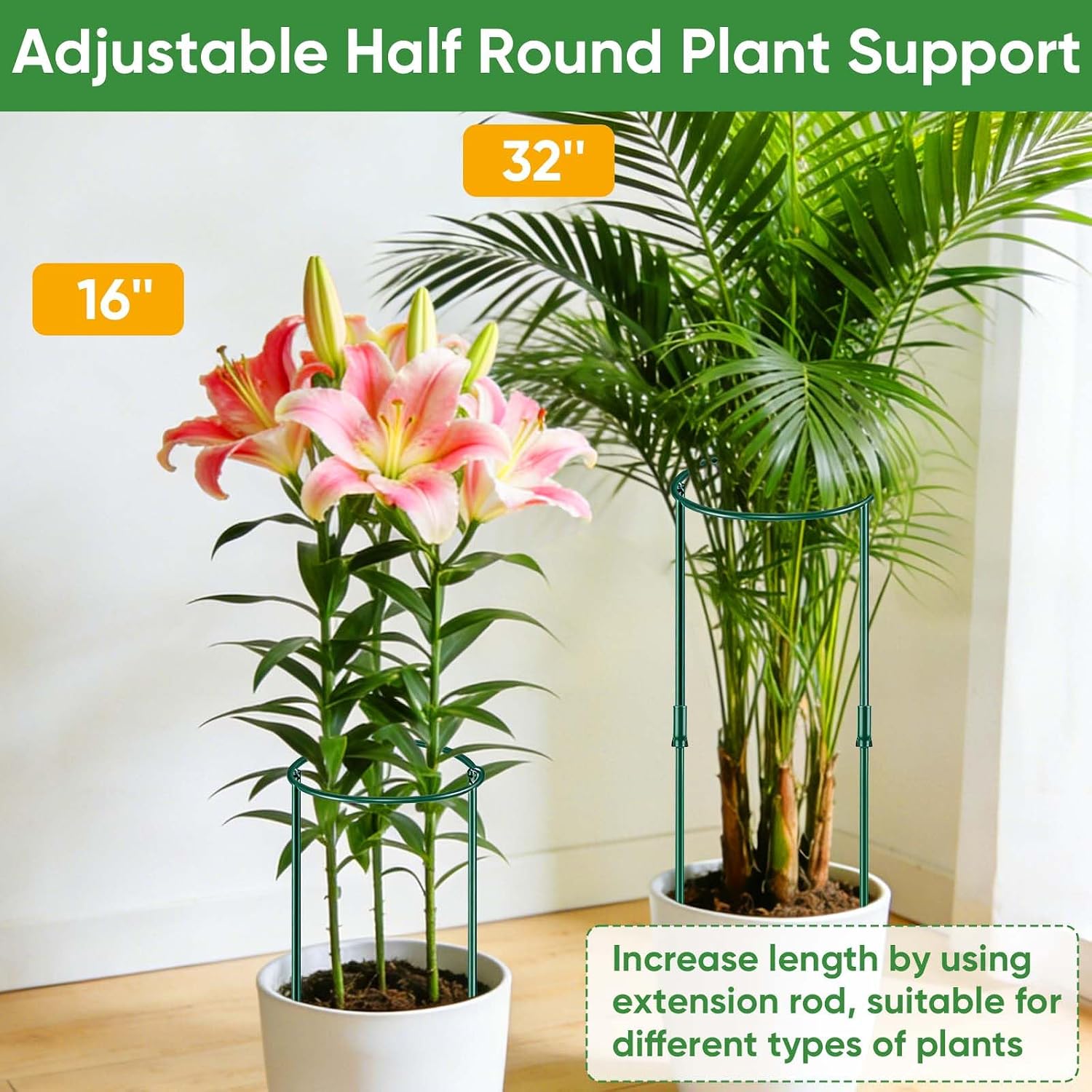 6 Pack 32 or 16 inch Adjustable Plant Support Stakes, Heavy-Duty Half Round Peony Support, Garden Plant Stakes Cage for
