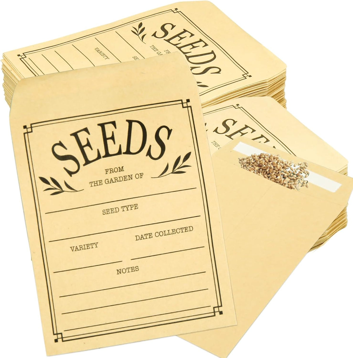 200Pcs Seed Envelopes, Seed Envelope Resealable Small Packets Brown Paper Seeds Envelopes with Printing, 3.1x4.7 Inch for Collection Flowers Seeds
