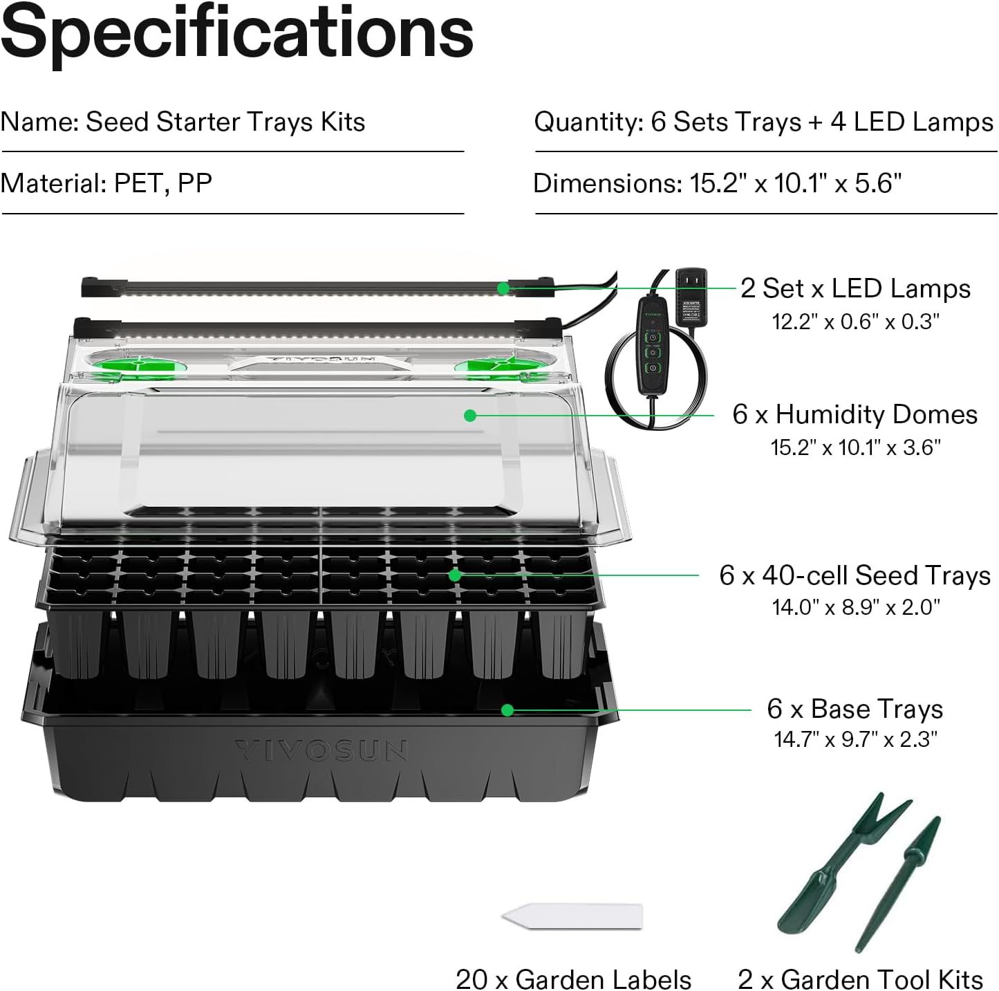 VIVOSUN 6-Pack Seed Starter Kit, 240-Cell Tray, 2 Set of LED Lights | 3.6" Higher Cover, Adjustable Vents, Drainage