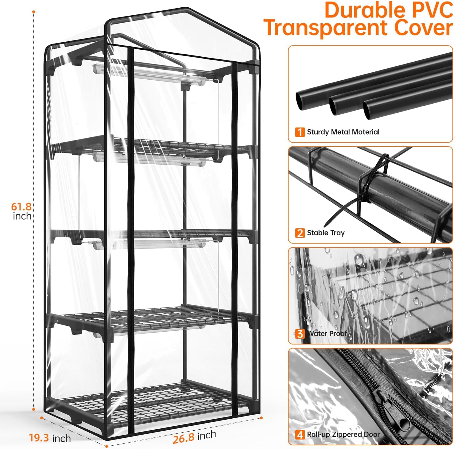Indoor Greenhouse with Grow Light, 4x20W Plant Lights with Timer | Plant Shelf with Tent, 27.2x19.9x61.8in, Ideal for
