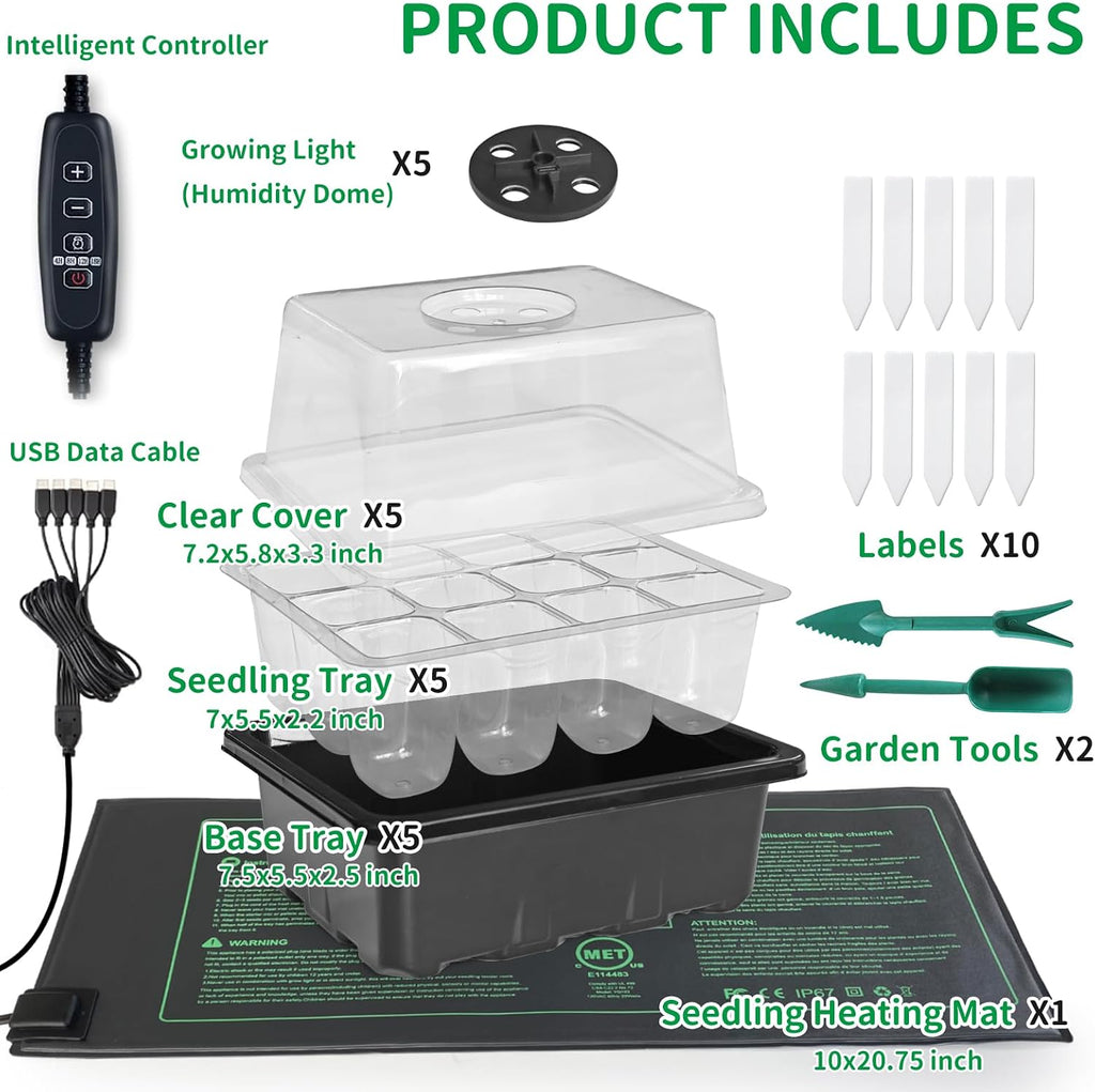 NAMOTEK 5 Pack Seed Starter Tray with Heat Mat and Grow Light Humidity Domes, 60 Cell Trays Germination Station Cloning