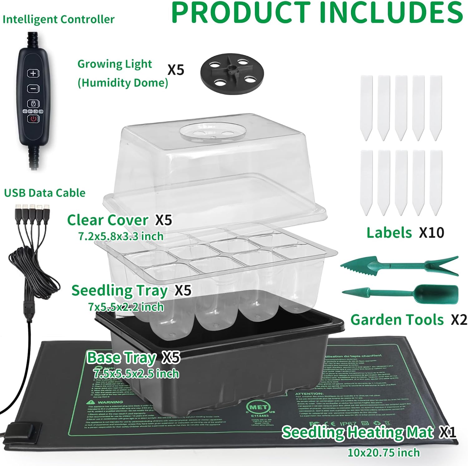NAMOTEK 5 Pack Seed Starter Tray with Heat Mat and Grow Light Humidity Domes, 60 Cell Trays Germination Station Cloning