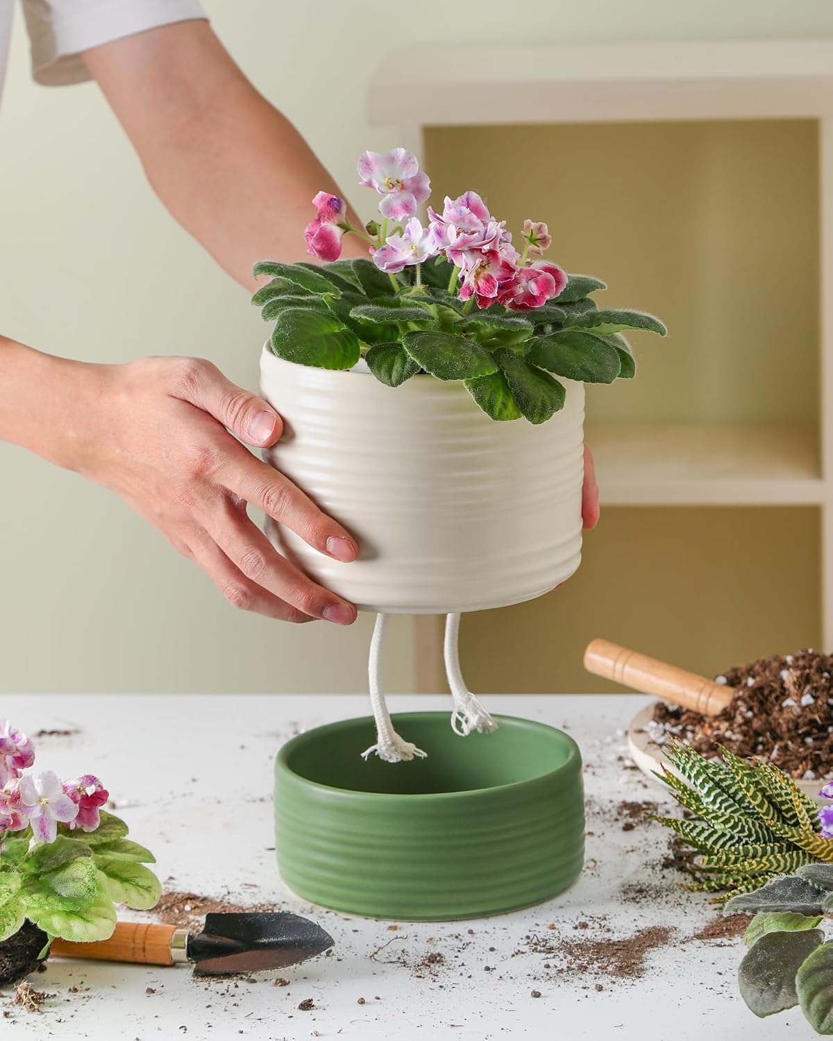 Fayoula Self Watering Pots for Indoor Plants, 6 Inch Ceramic Self Watering Plant Pot, Planter Pot with Wick Rope and