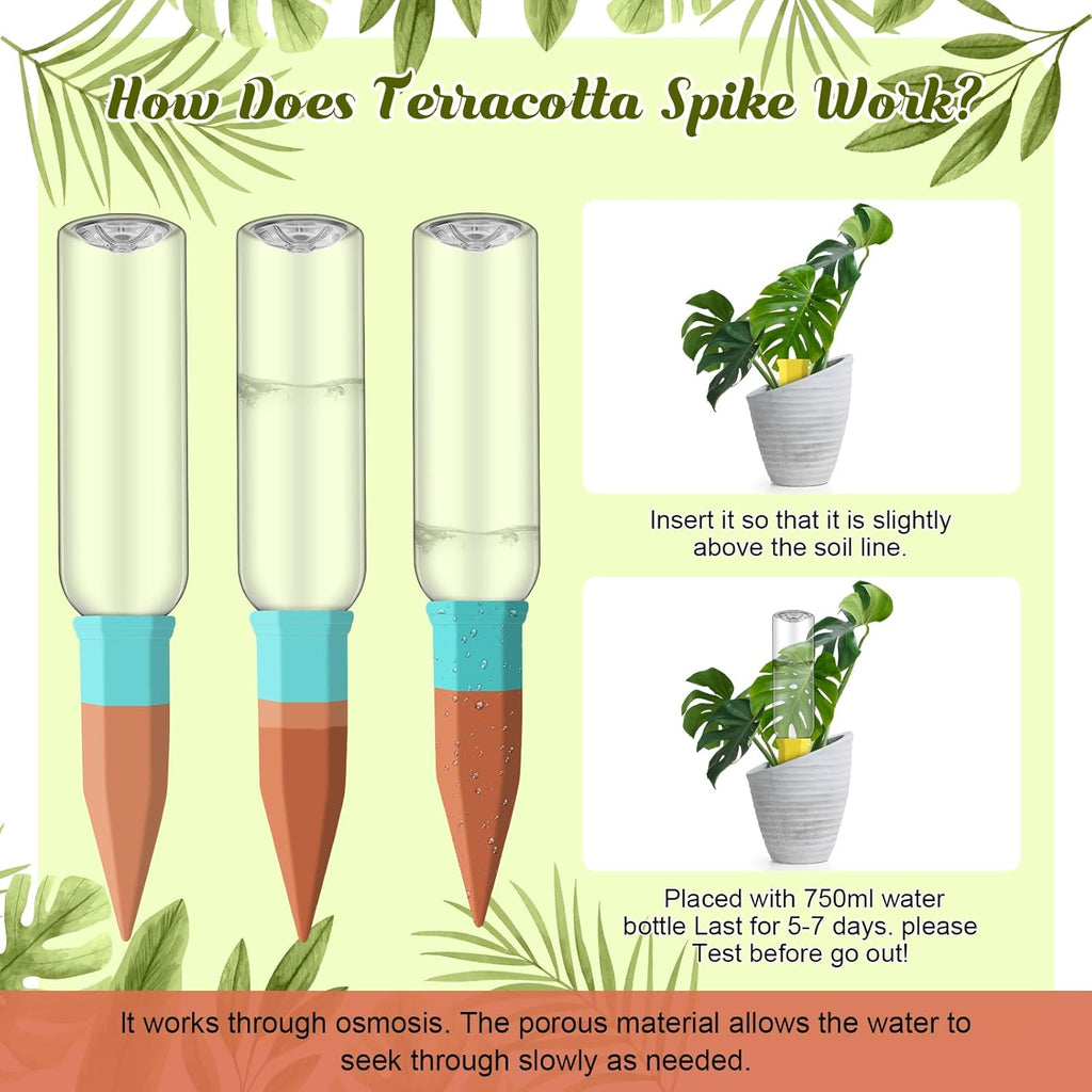 SiliFine 6 Sets Terracotta Watering Spikes,Clear and Mixed Color | 26 oz Bottles for Slow Release Watering, Self