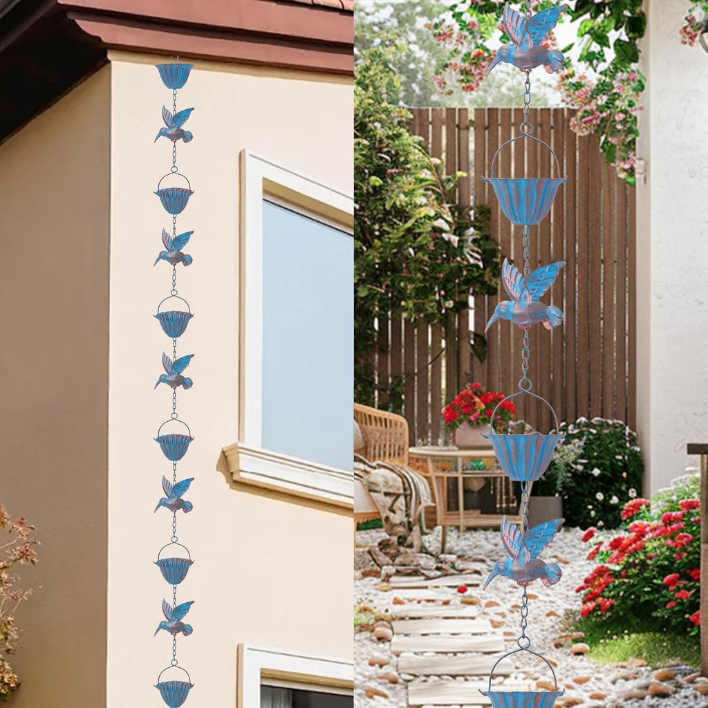 Hummingbird Rain Chain, 7.8 FT 7-Cup Adjustable Gutter Rain Catcher (Blue) | Adjustable Rust Resistant Outdoor Rain