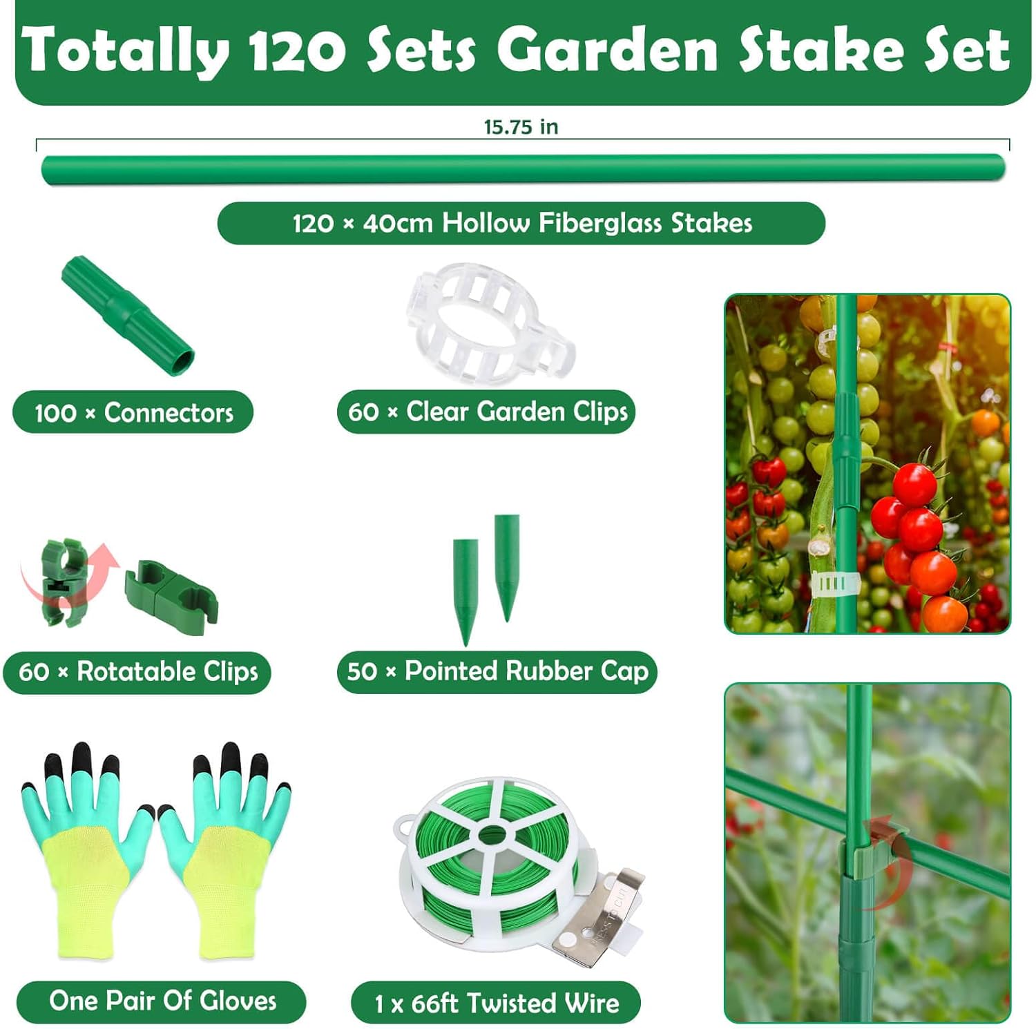 Cludoo 393PCS Garden Stakes Set with 120 Sets Fiberglass Plant Stakes Sticks Supports and Accessories, DIY 4ft 5ft 6ft