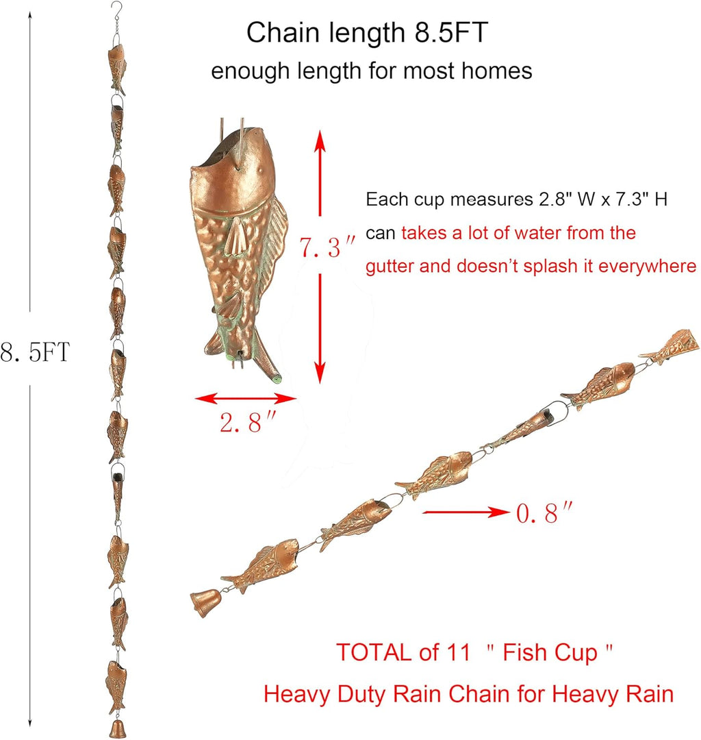 Copper Patina Rain Chain with Rainbow Trout for Heavy Rain, Functional and Decorative Replacement Downspout Chain for