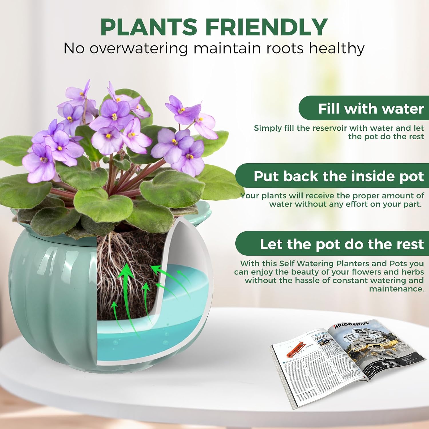 BUYMAX 6 Inch Self Watering Ceramic African Violet Pot Indoor Plant Pot | Pumpkin Style Design | Automatic Water